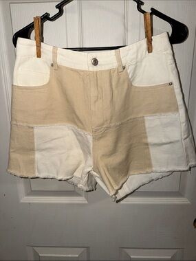 Cream and Tan Patchwork High-Rise Women's Jean Shorts